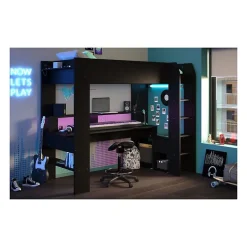 Lit mezzanine combine enfant LED Gamer ONLINE - 90 x 200 cm - Noir mat - Sommier inclus -><noscript><img width=