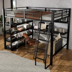 Lit mezzanine double 140x200 cm en métal avec rangements multiples, étagères, échelle à 4 marches et prise intégrée - noir>Okwish Online