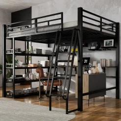 Lit mezzanine double 140x200 cm en métal avec rangements multiples, étagères, échelle à 4 marches et prise intégrée - noir>Okwish Online