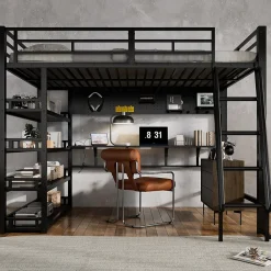 Lit mezzanine double 140x200 cm en métal avec rangements multiples, étagères, échelle à 4 marches et prise intégrée - noir><noscript><img width=