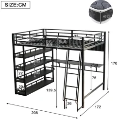 Lit mezzanine double 140x200 cm en métal avec rangements multiples, étagères, échelle à 4 marches et prise intégrée - noir><noscript><img width=