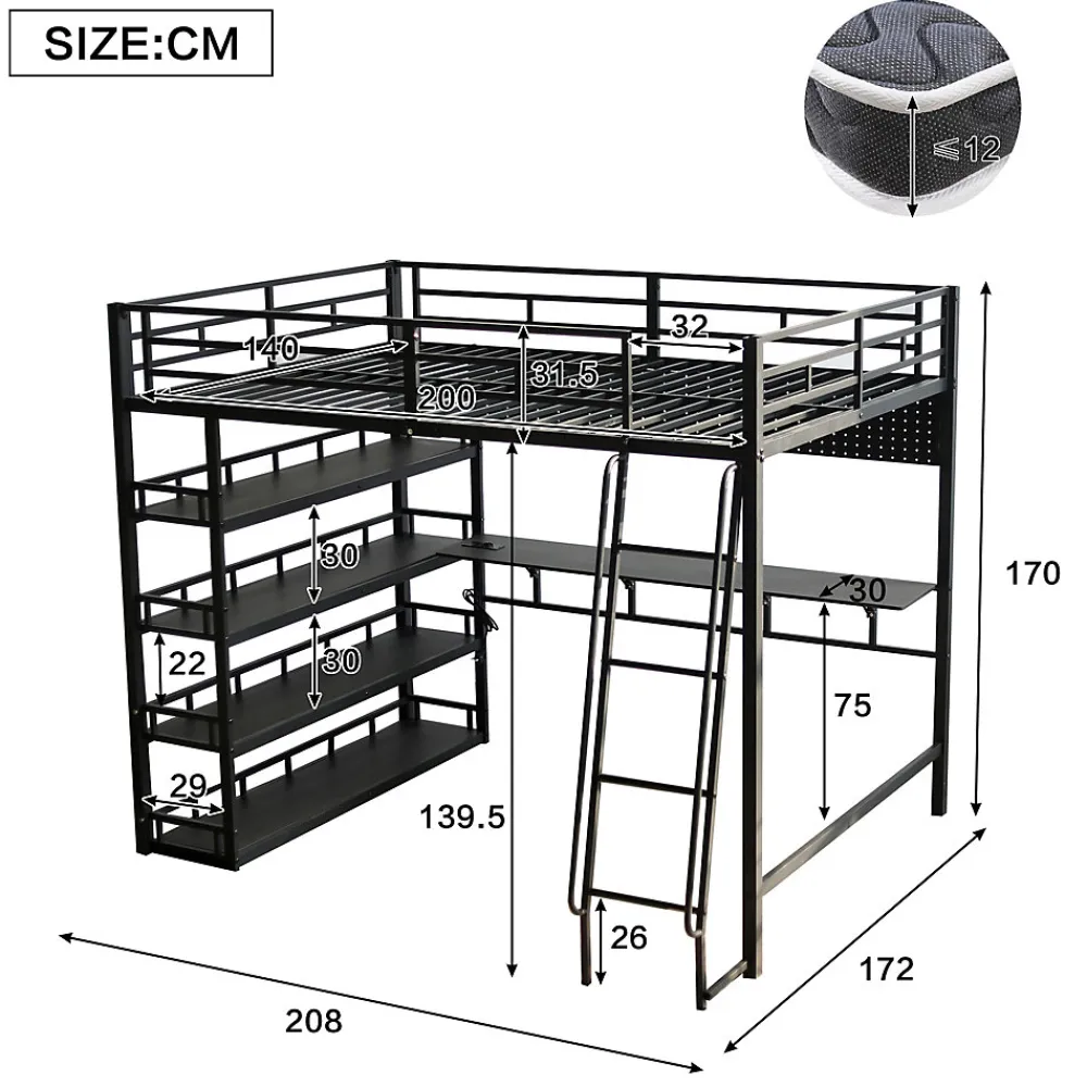 Lit mezzanine double 140x200 cm en métal avec rangements multiples, étagères, échelle à 4 marches et prise intégrée - noir>Okwish Online