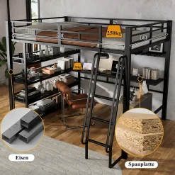 Lit mezzanine double 140x200 cm en métal avec rangements multiples, étagères, échelle à 4 marches et prise intégrée - noir><noscript><img width=