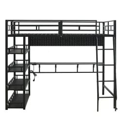 Lit mezzanine double 140x200 cm en métal avec rangements multiples, étagères, échelle à 4 marches et prise intégrée - noir><noscript><img width=