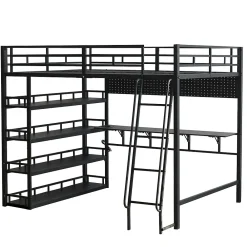 Lit mezzanine double 140x200 cm en métal avec rangements multiples, étagères, échelle à 4 marches et prise intégrée - noir><noscript><img width=