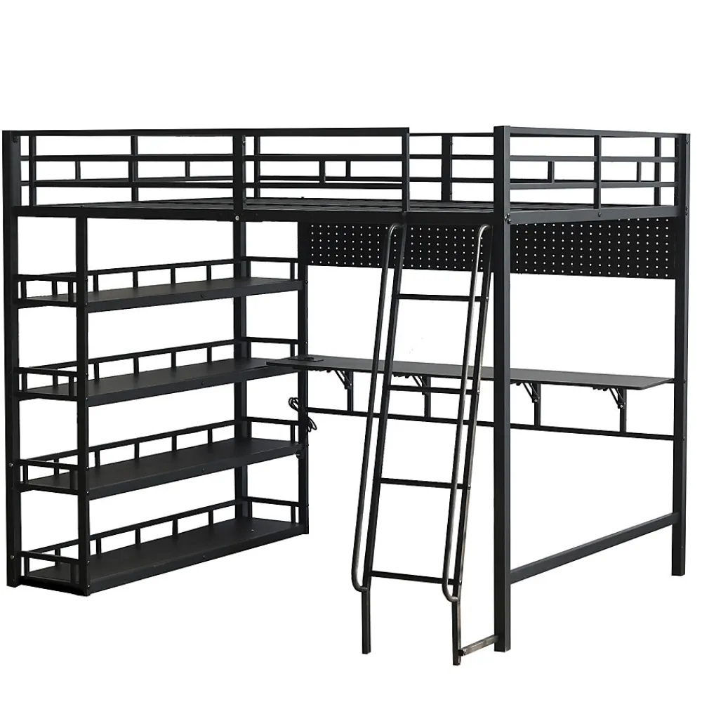 Lit mezzanine double 140x200 cm en métal avec rangements multiples, étagères, échelle à 4 marches et prise intégrée - noir>Okwish Online