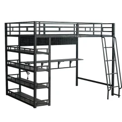 Lit mezzanine double 140x200 cm en métal avec rangements multiples, étagères, échelle à 4 marches et prise intégrée - noir><noscript><img width=