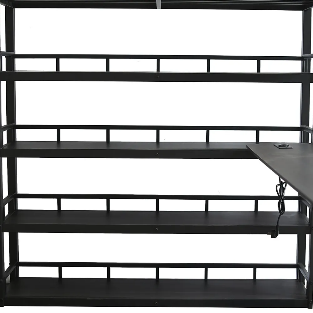 Lit mezzanine double 140x200 cm en métal avec rangements multiples, étagères, échelle à 4 marches et prise intégrée - noir>Okwish Online