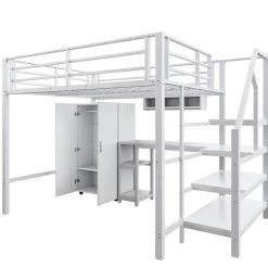 Okwish Lit Mezzanine Double 140x200 cm - Avec Bureau et Armoire Intégrés, Escalier avec Rangements - Sans Matelas - Blanc* Lit Mezzanine