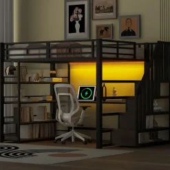 Okwish Lit Mezzanine Double 140x200 cm - Éclairage LED et Escaliers Sécurisés, Bureau Intégré et Rangements, sans Matelas - Métal Noir* Lit Mezzanine