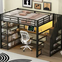 Okwish Lit Mezzanine Double 140x200 cm - Éclairage LED et Escaliers Sécurisés, Bureau Intégré et Rangements, sans Matelas - Métal Noir* Lit Mezzanine