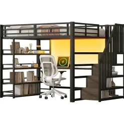 Okwish Lit Mezzanine Double 140x200 cm - Éclairage LED et Escaliers Sécurisés, Bureau Intégré et Rangements, sans Matelas - Métal Noir* Lit Mezzanine