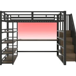 Okwish Lit Mezzanine Double 140x200 cm - Éclairage LED et Escaliers Sécurisés, Bureau Intégré et Rangements, sans Matelas - Métal Noir* Lit Mezzanine