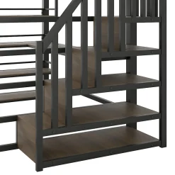 Okwish Lit Mezzanine Double 140x200 cm - Éclairage LED et Escaliers Sécurisés, Bureau Intégré et Rangements, sans Matelas - Métal Noir* Lit Mezzanine