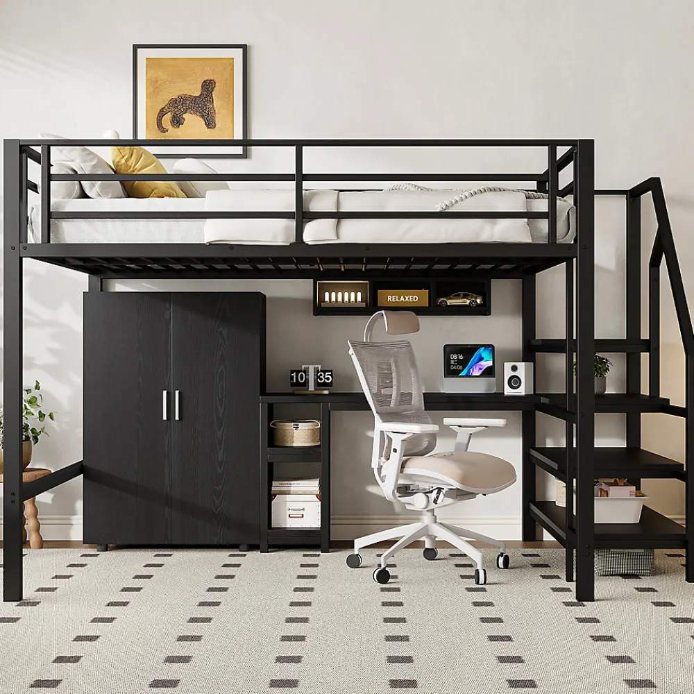 Lit Mezzanine Double 140x200 cm - Avec Bureau et Armoire, Escalier avec Rangements Intégrés - Sans Matelas - Noir>Okwish Clearance