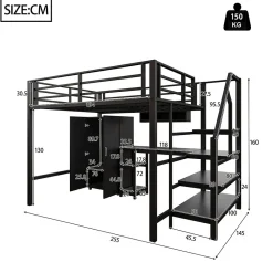 Lit Mezzanine Double 140x200 cm - Avec Bureau et Armoire, Escalier avec Rangements Intégrés - Sans Matelas - Noir><noscript><img width=