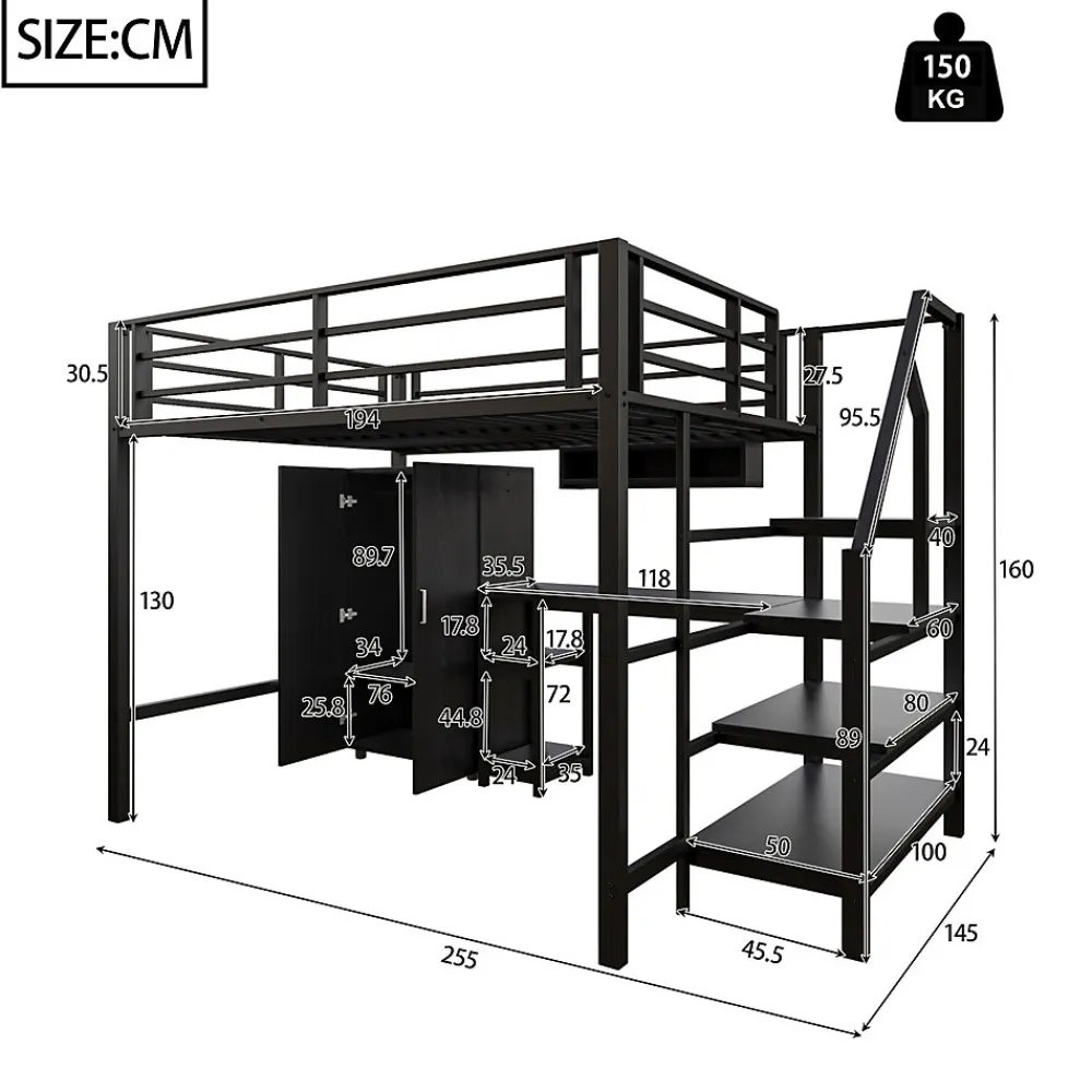 Lit Mezzanine Double 140x200 cm - Avec Bureau et Armoire, Escalier avec Rangements Intégrés - Sans Matelas - Noir>Okwish Clearance