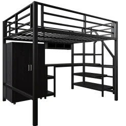 Lit Mezzanine Double 140x200 cm - Avec Bureau et Armoire, Escalier avec Rangements Intégrés - Sans Matelas - Noir><noscript><img width=
