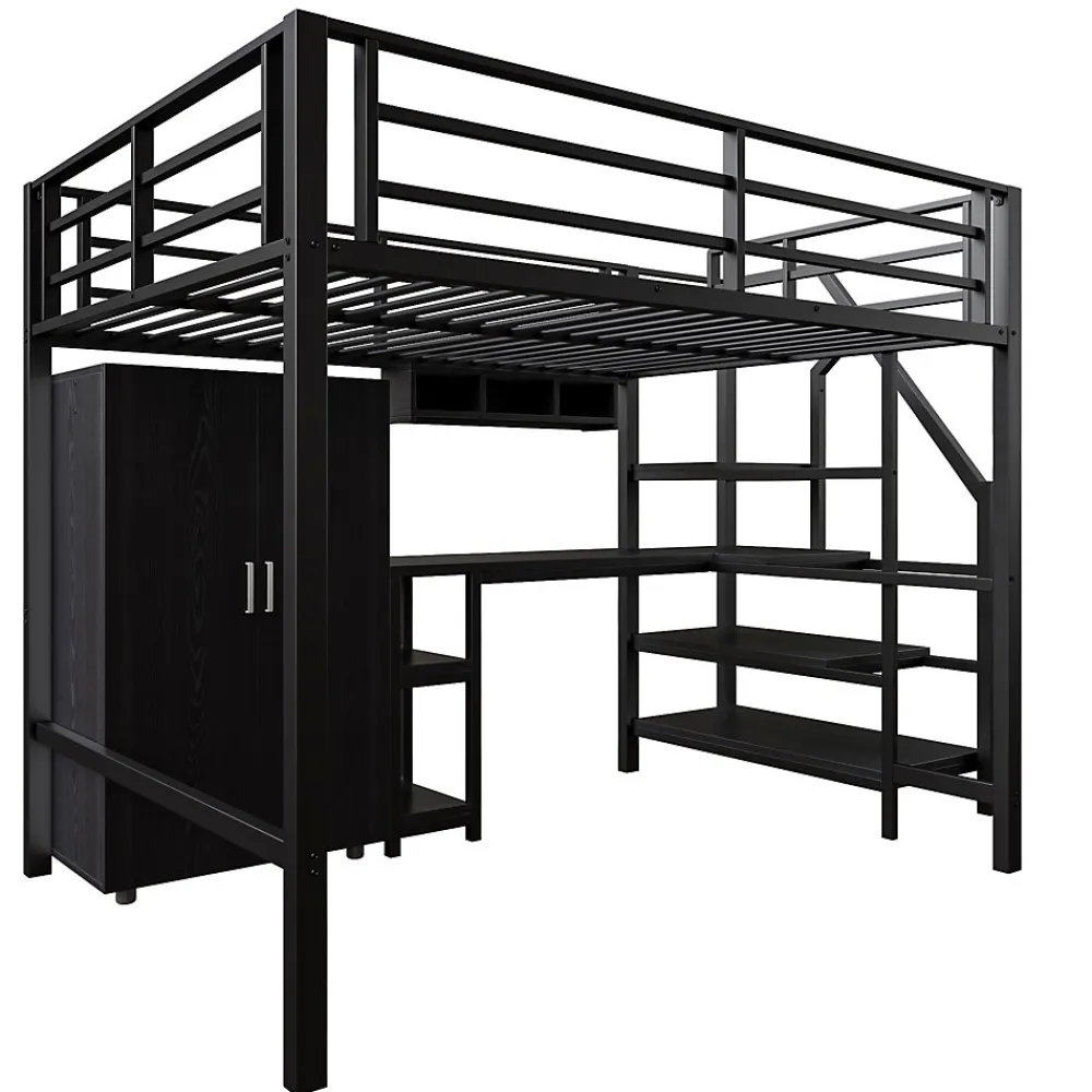 Lit Mezzanine Double 140x200 cm - Avec Bureau et Armoire, Escalier avec Rangements Intégrés - Sans Matelas - Noir>Okwish Clearance