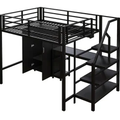 Lit Mezzanine Double 140x200 cm - Avec Bureau et Armoire, Escalier avec Rangements Intégrés - Sans Matelas - Noir><noscript><img width=