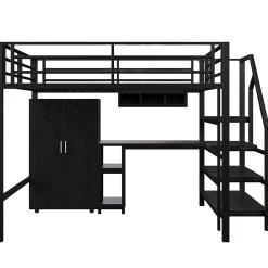 Lit Mezzanine Double 140x200 cm - Avec Bureau et Armoire, Escalier avec Rangements Intégrés - Sans Matelas - Noir><noscript><img width=