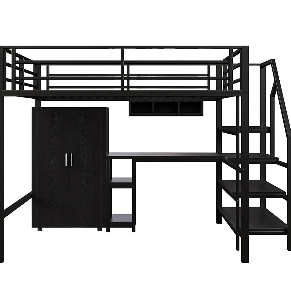 Lit Mezzanine Double 140x200 cm - Avec Bureau et Armoire, Escalier avec Rangements Intégrés - Sans Matelas - Noir>Okwish Clearance