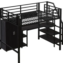 Lit Mezzanine Double 140x200 cm - Avec Bureau et Armoire, Escalier avec Rangements Intégrés - Sans Matelas - Noir><noscript><img width=
