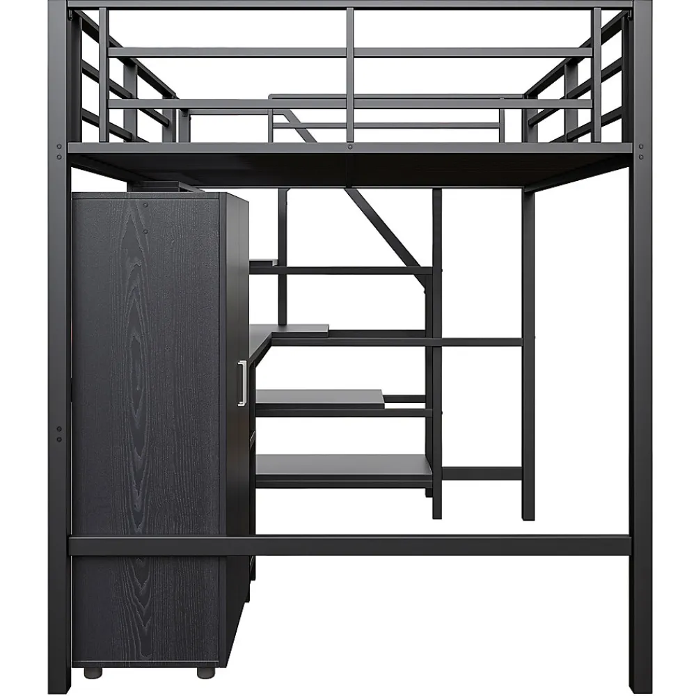 Lit Mezzanine Double 140x200 cm - Avec Bureau et Armoire, Escalier avec Rangements Intégrés - Sans Matelas - Noir>Okwish Clearance