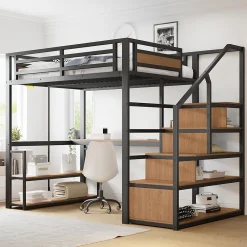 Lit mezzanine double 140x200 cm en métal avec bureau et étagères intégrés - gain de place pour chambre ado - noir>Okwish Discount