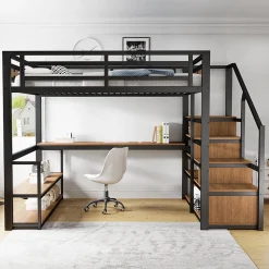 Lit mezzanine double 140x200 cm en métal avec bureau et étagères intégrés - gain de place pour chambre ado - noir>Okwish Discount