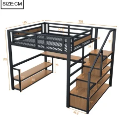 Lit mezzanine double 140x200 cm en métal avec bureau et étagères intégrés - gain de place pour chambre ado - noir><noscript><img width=
