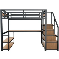 Lit mezzanine double 140x200 cm en métal avec bureau et étagères intégrés - gain de place pour chambre ado - noir><noscript><img width=