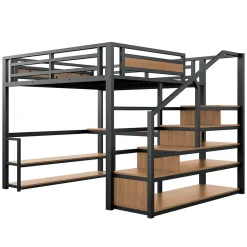 Lit mezzanine double 140x200 cm en métal avec bureau et étagères intégrés - gain de place pour chambre ado - noir><noscript><img width=