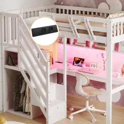 Lit mezzanine en bois massif 90x200cm LED - avec échelle de rangement - bureau et port USB - blanc (matelas non inclus)>ModernLuxe Online