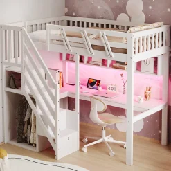 Lit mezzanine en bois massif 90x200cm LED - avec échelle de rangement - bureau et port USB - blanc (matelas non inclus)><noscript><img width=