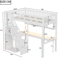 Lit mezzanine en bois massif 90x200cm LED - avec échelle de rangement - bureau et port USB - blanc (matelas non inclus)><noscript><img width=