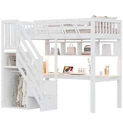 Lit mezzanine en bois massif 90x200cm LED - avec échelle de rangement - bureau et port USB - blanc (matelas non inclus)><noscript><img width=