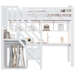 Lit mezzanine en bois massif 90x200cm LED - avec échelle de rangement - bureau et port USB - blanc (matelas non inclus)><noscript><img width=