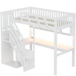 Lit mezzanine en bois massif 90x200cm LED - avec échelle de rangement - bureau et port USB - blanc (matelas non inclus)><noscript><img width=