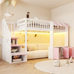 ModernLuxe Lit mezzanine en bois 90x200cm - avec armoire - escalier de rangement - éclairage LED - rose (matelas non inclus)* Lit Mezzanine