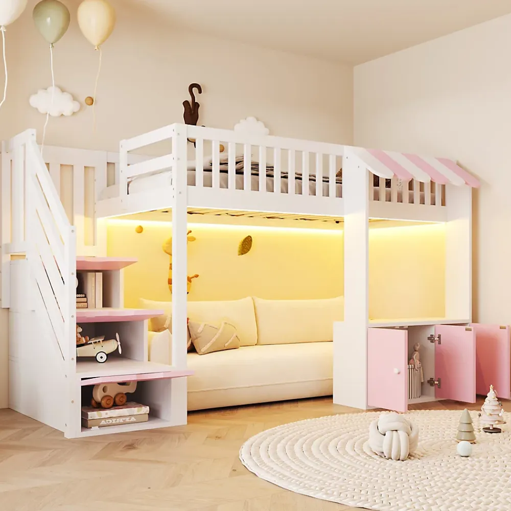ModernLuxe Lit mezzanine en bois 90x200cm - avec armoire - escalier de rangement - éclairage LED - rose (matelas non inclus)* Lit Mezzanine