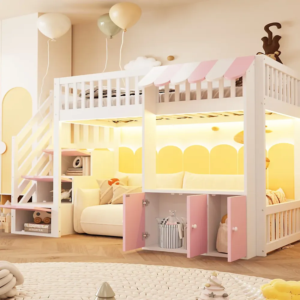 ModernLuxe Lit mezzanine en bois 90x200cm - avec armoire - escalier de rangement - éclairage LED - rose (matelas non inclus)* Lit Mezzanine