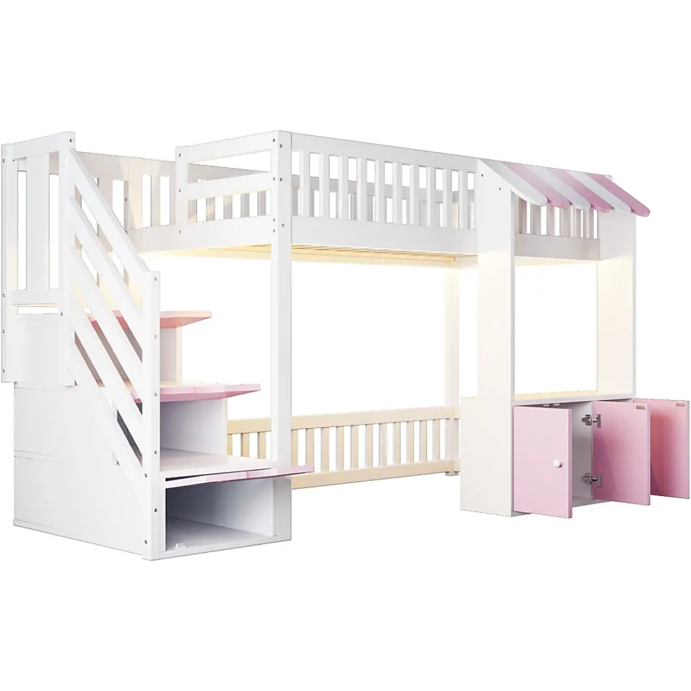 ModernLuxe Lit mezzanine en bois 90x200cm - avec armoire - escalier de rangement - éclairage LED - rose (matelas non inclus)* Lit Mezzanine