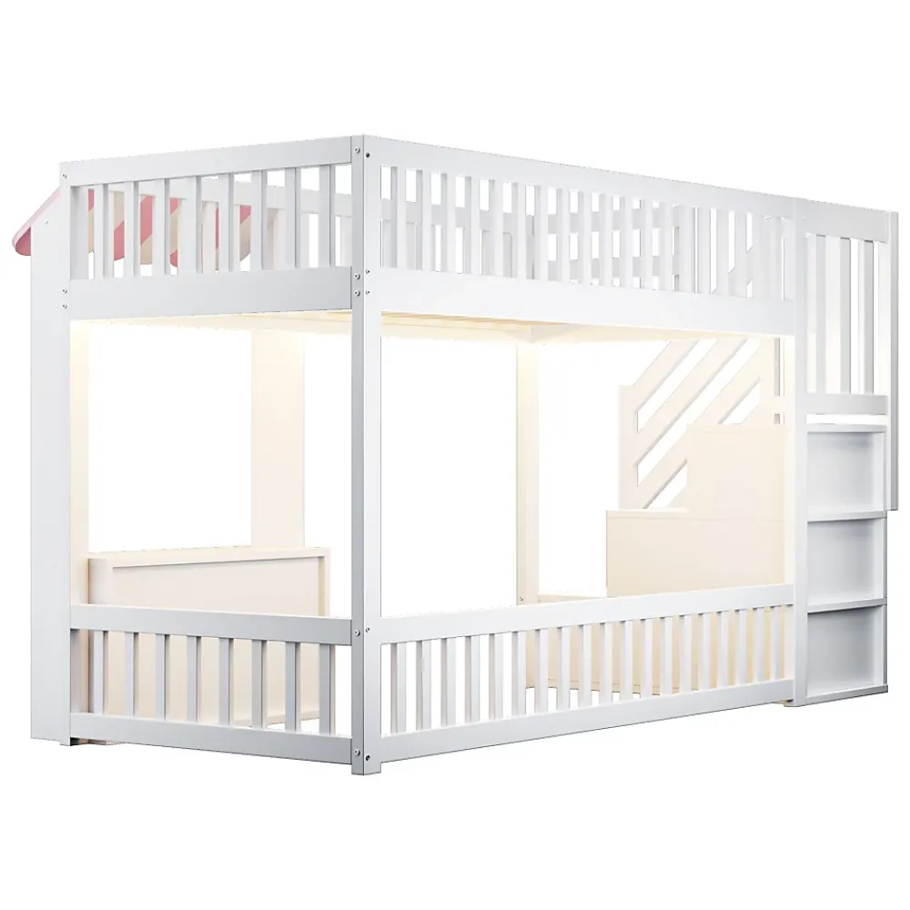 ModernLuxe Lit mezzanine en bois 90x200cm - avec armoire - escalier de rangement - éclairage LED - rose (matelas non inclus)* Lit Mezzanine