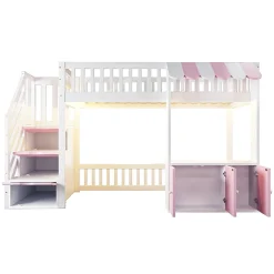 ModernLuxe Lit mezzanine en bois 90x200cm - avec armoire - escalier de rangement - éclairage LED - rose (matelas non inclus)* Lit Mezzanine