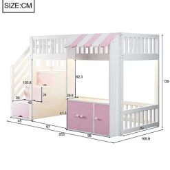 ModernLuxe Lit mezzanine en bois 90x200cm - avec armoire - escalier de rangement - éclairage LED - rose (matelas non inclus)* Lit Mezzanine