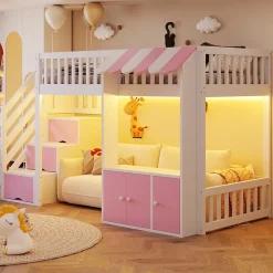 ModernLuxe Lit mezzanine en bois 90x200cm - avec armoire - escalier de rangement - éclairage LED - rose (matelas non inclus)* Lit Mezzanine