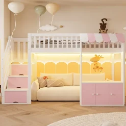 ModernLuxe Lit mezzanine en bois 90x200cm - avec armoire - escalier de rangement - éclairage LED - rose (matelas non inclus)* Lit Mezzanine
