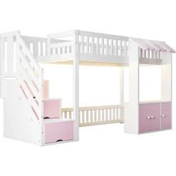 ModernLuxe Lit mezzanine en bois 90x200cm - avec armoire - escalier de rangement - éclairage LED - rose (matelas non inclus)* Lit Mezzanine