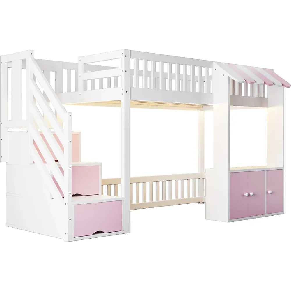 ModernLuxe Lit mezzanine en bois 90x200cm - avec armoire - escalier de rangement - éclairage LED - rose (matelas non inclus)* Lit Mezzanine